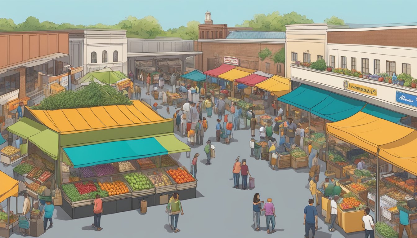 A bustling marketplace with colorful stalls and diverse produce, surrounded by eager customers and vendors in Richardson, TX