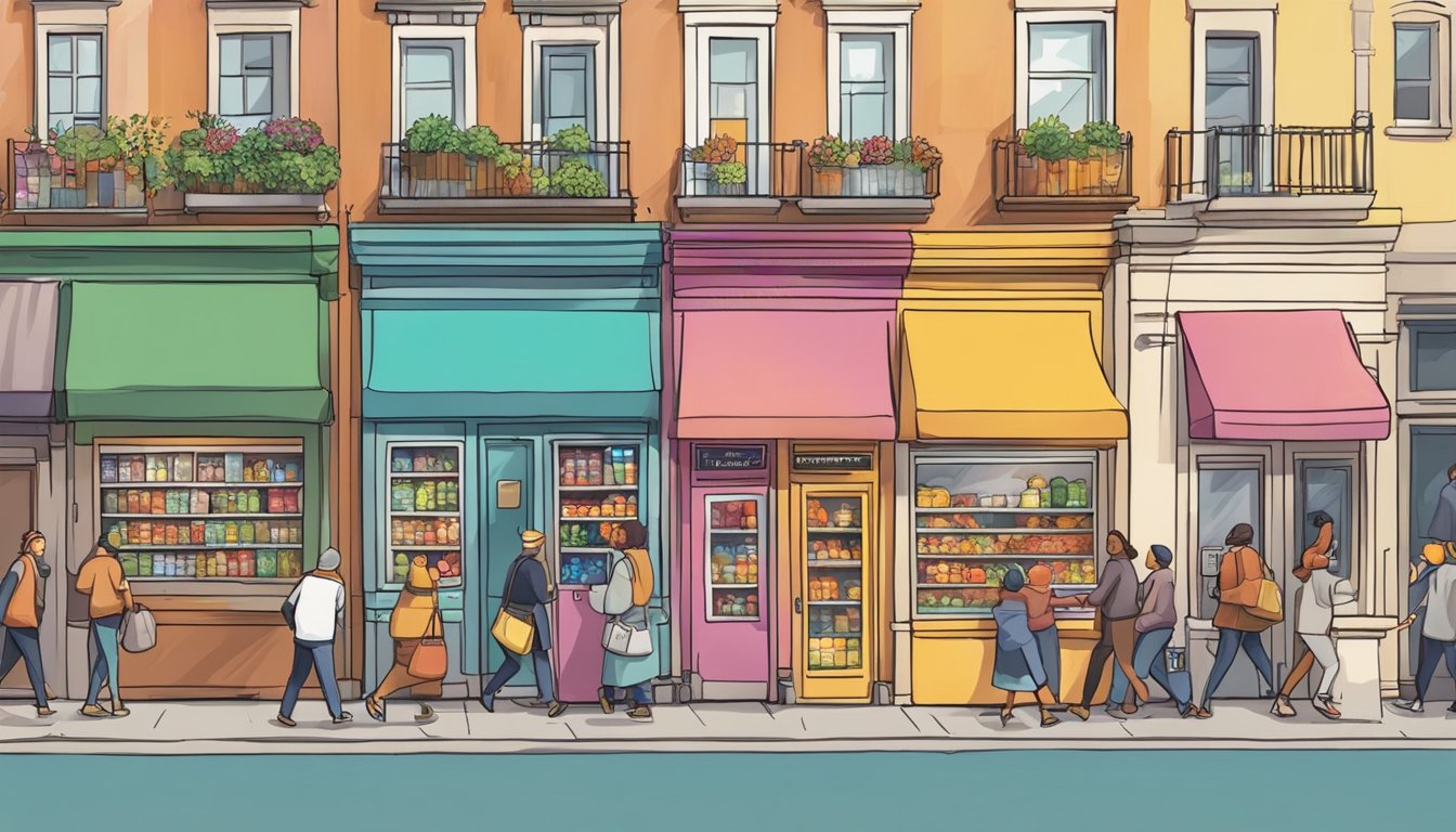 A bustling street corner with a colorful community fridge surrounded by people dropping off and picking up food items