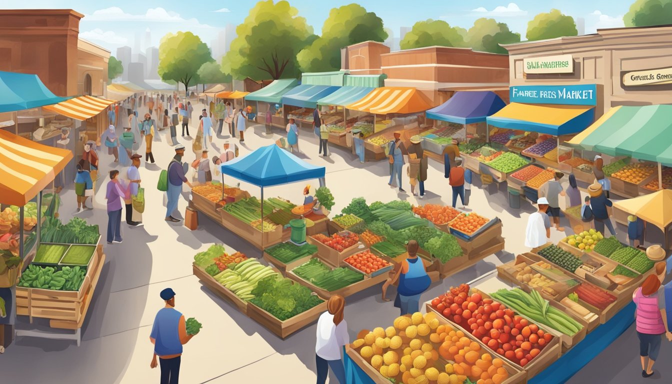 A bustling farmer's market with colorful produce, local vendors, and a vibrant atmosphere, showcasing the community spirit and diversity of locally-sourced food options