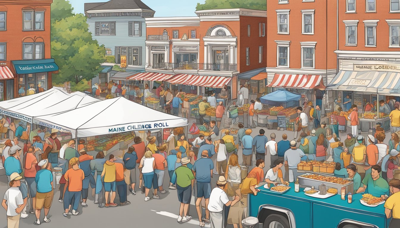 A bustling outdoor event with colorful food stalls, people lining up for lobster rolls, and a large banner advertising the "Maine Lobster Roll Challenge."