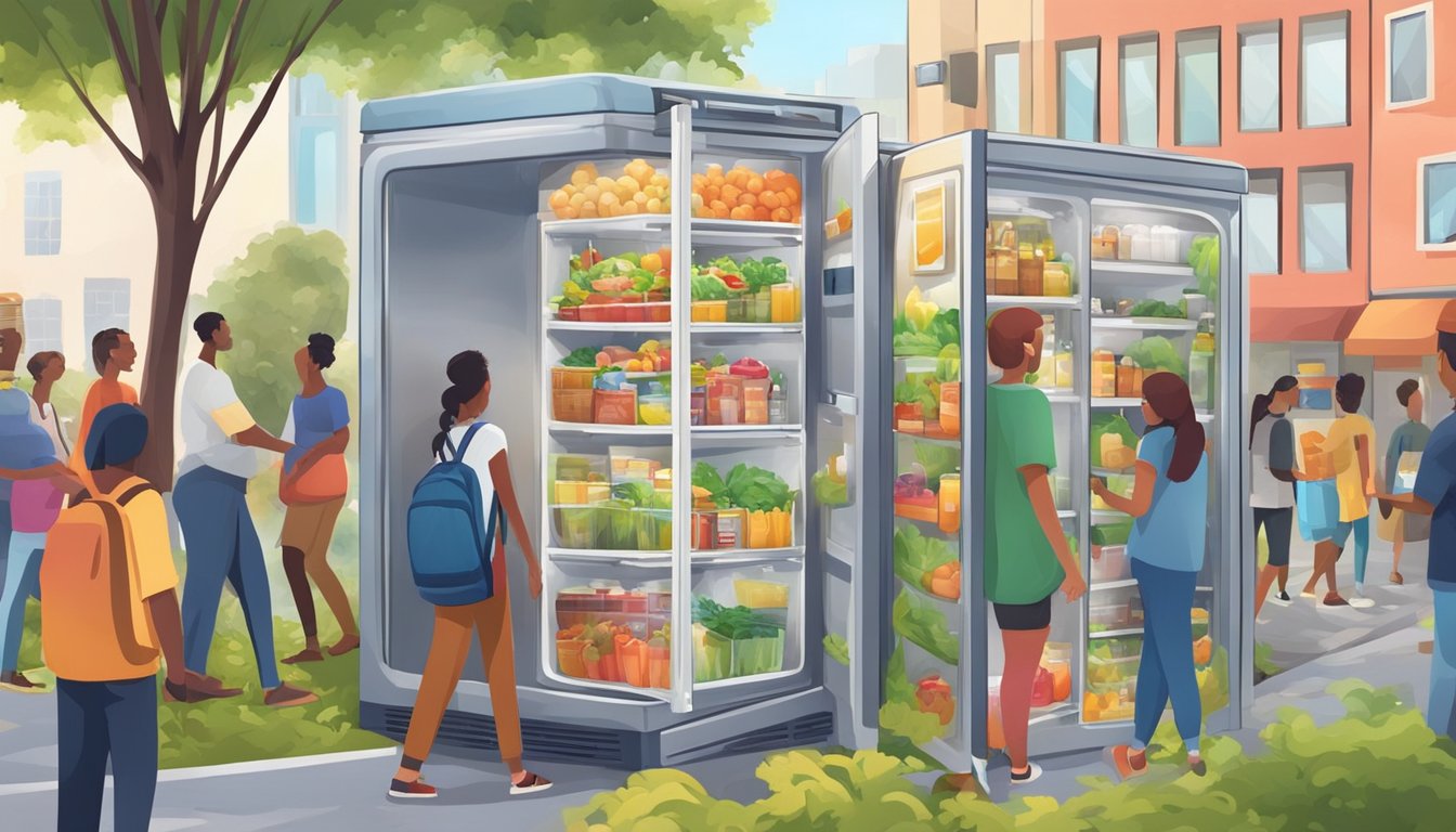 A colorful community fridge surrounded by diverse buildings and greenery, with people coming and going to donate and collect food