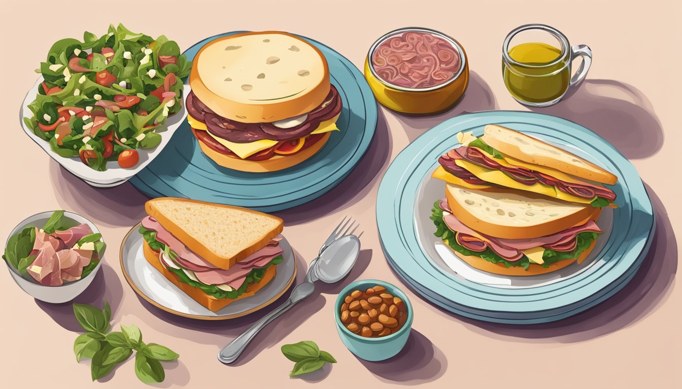 A table spread with a large round muffuletta sandwich surrounded by vibrant ingredients like olive salad, cured meats, and cheese