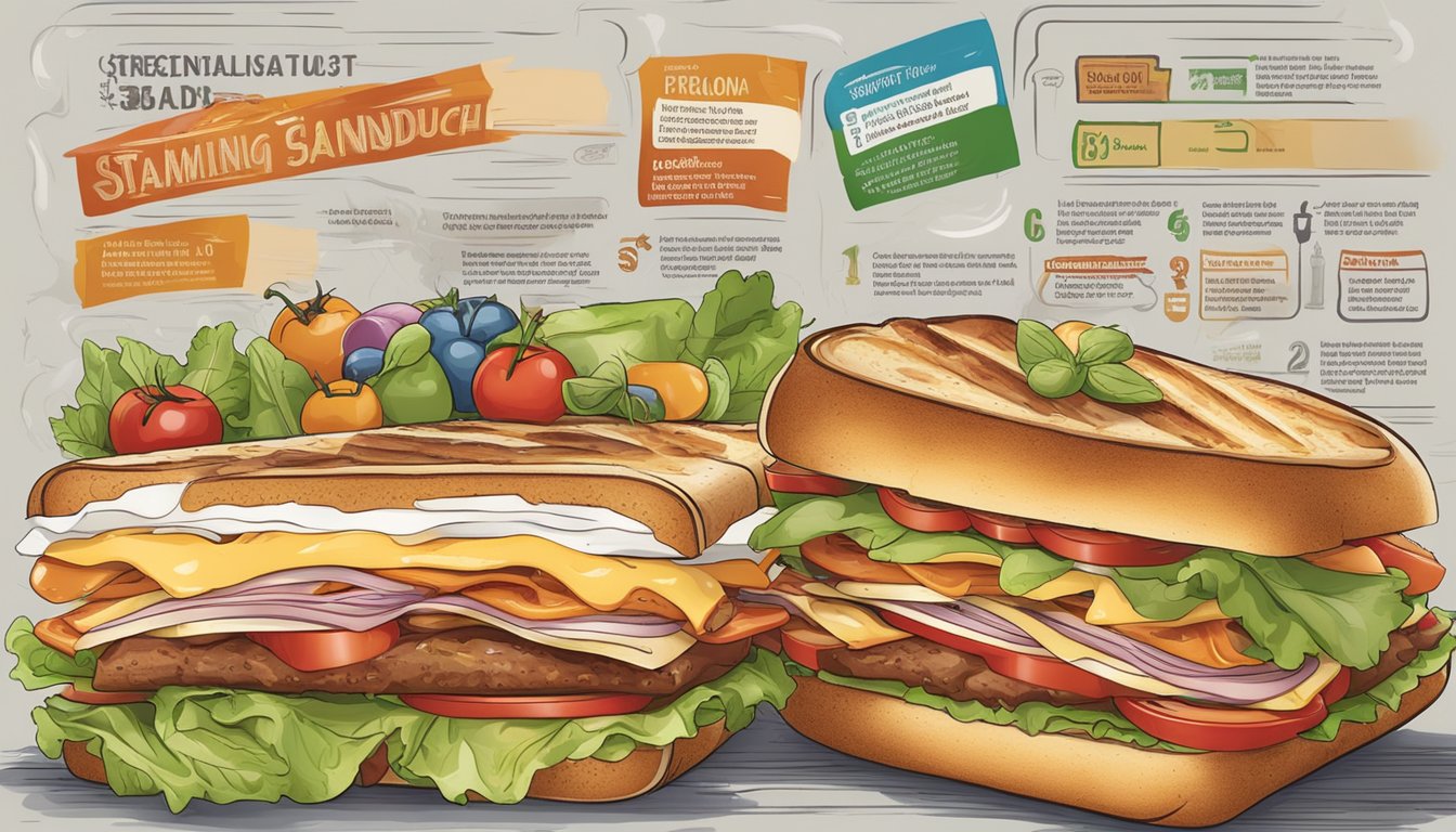 A steaming hot brown sandwich surrounded by a variety of colorful and fresh ingredients, with a clear view of the nutritional information label