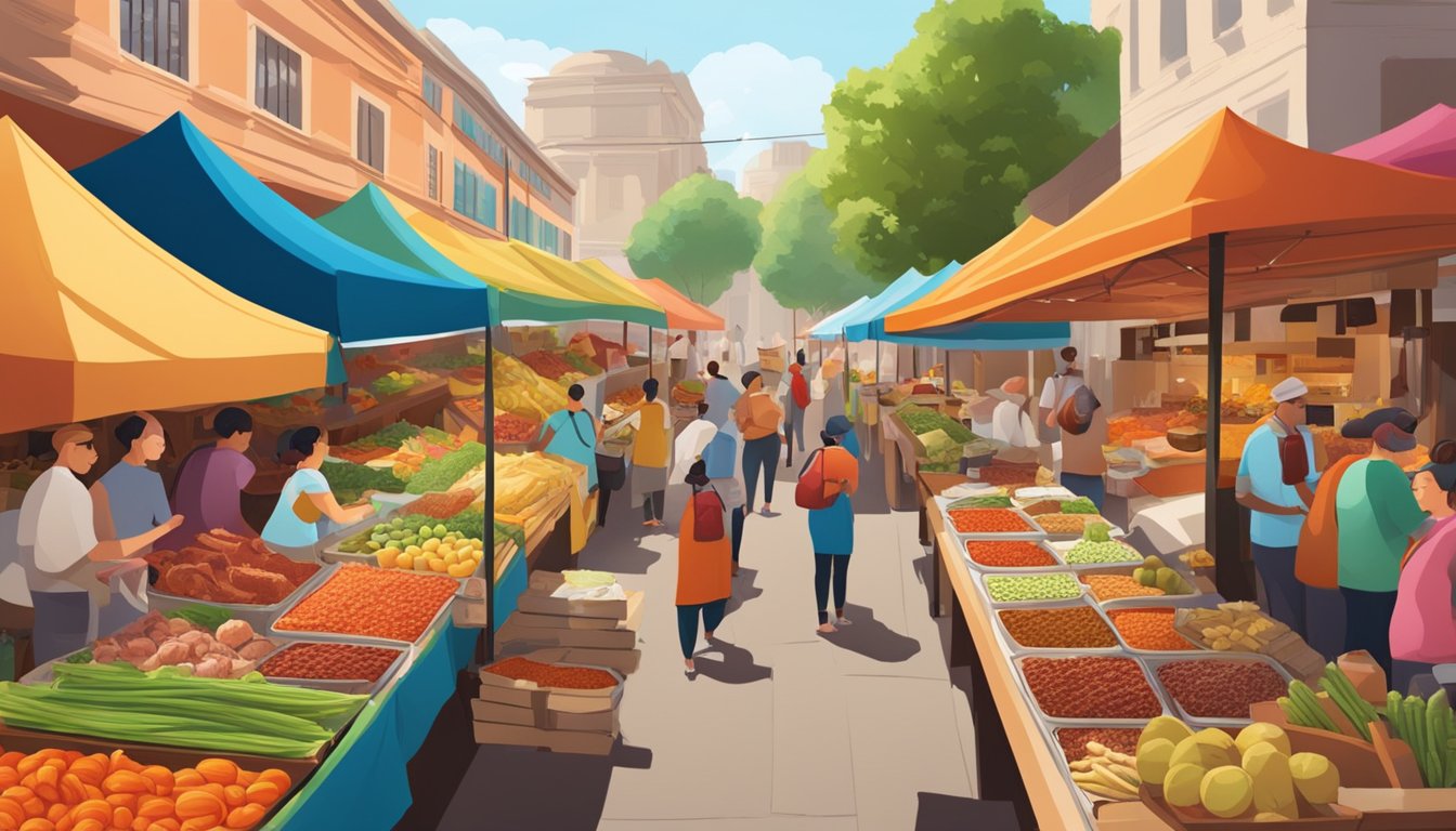 A bustling outdoor market featuring vibrant colors and a variety of fresh ingredients, with the aroma of spicy meats and tangy pickles filling the air