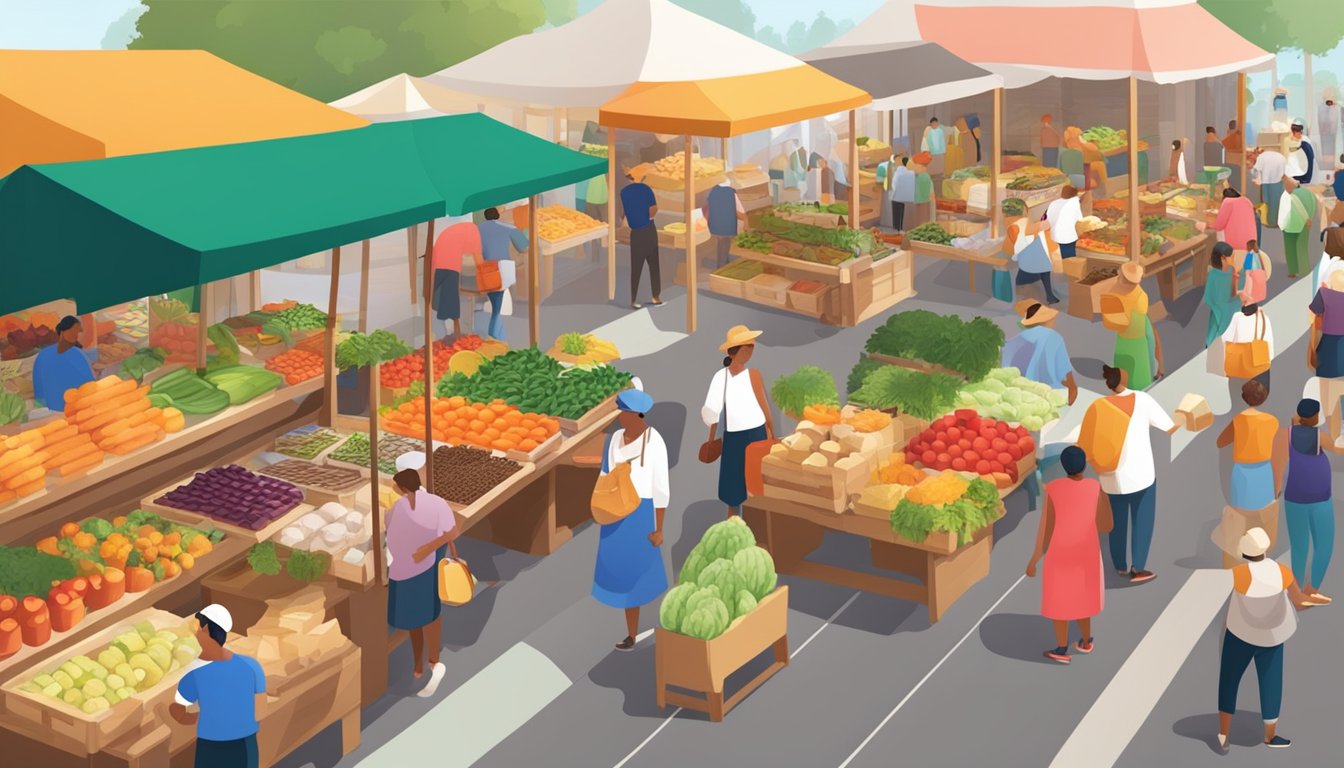 A bustling farmers market with colorful stalls and a diverse array of fresh produce, baked goods, and artisanal products