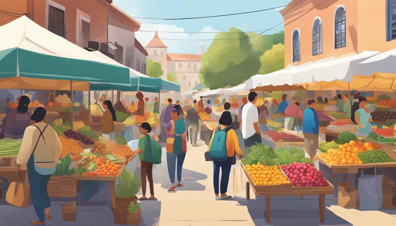 A bustling outdoor market with colorful stalls selling fresh produce, artisanal goods, and local crafts. Shoppers chat with vendors, creating a lively and community-oriented atmosphere