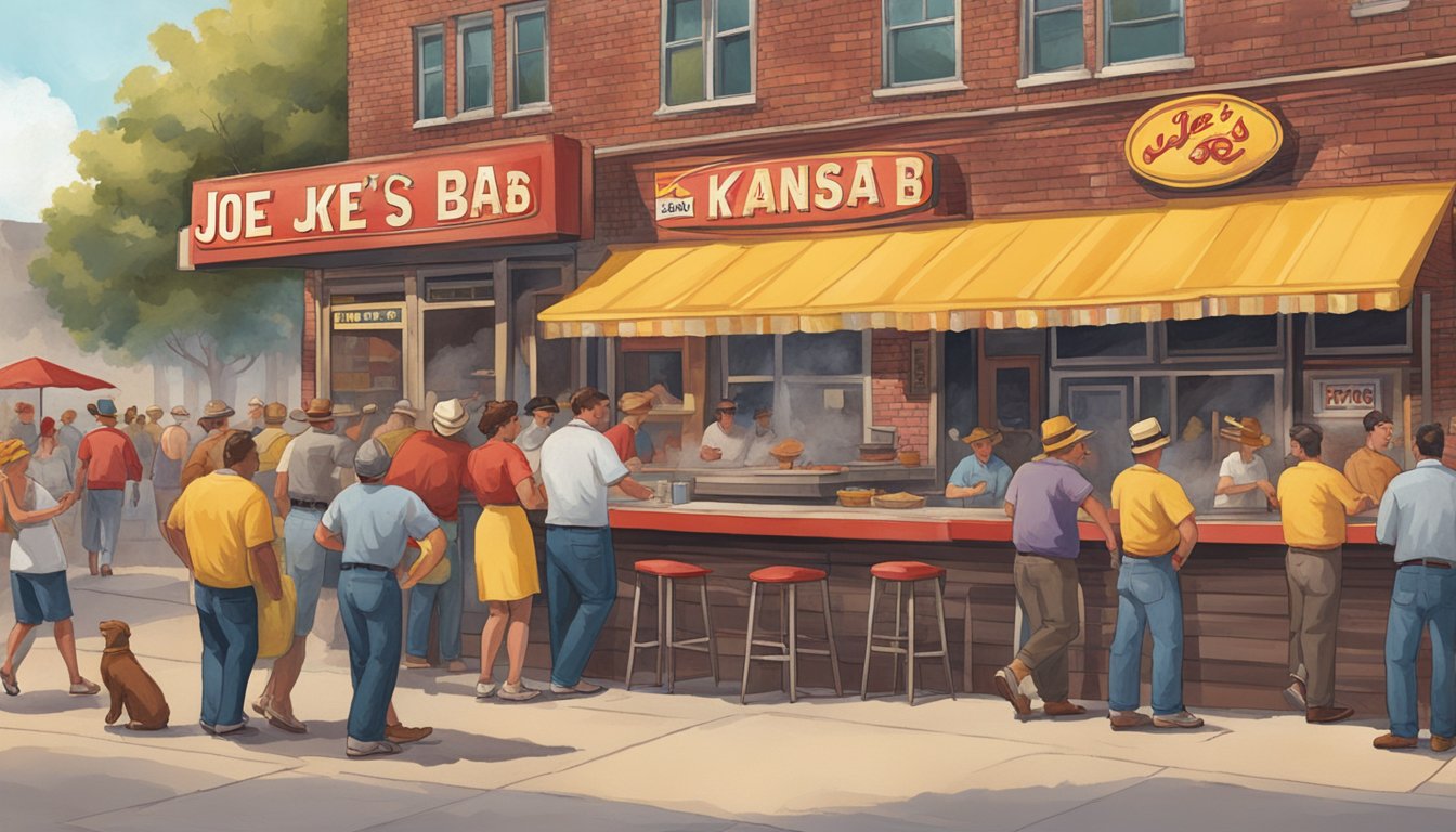 A bustling barbecue joint with a line of eager customers, smoke billowing from the outdoor pit, and the iconic red and yellow signage of Joe's Kansas City Bar-B-Que