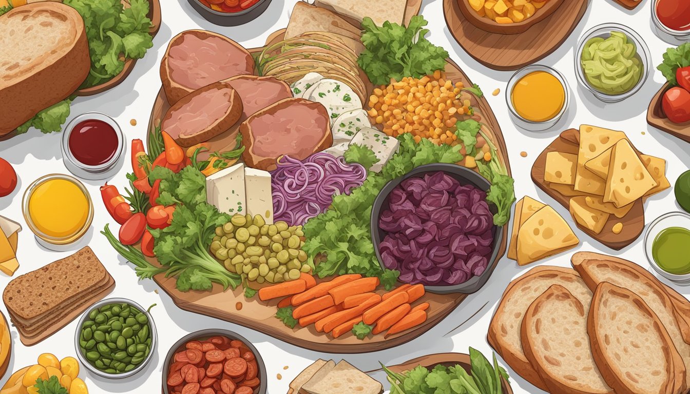 A colorful spread of meats, cheeses, and olive salad on a round loaf of bread, surrounded by vibrant vegetables and condiments