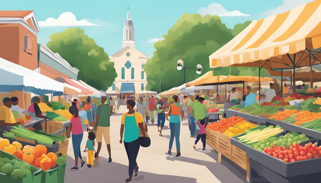 A bustling farmers' market with colorful produce, local vendors, and a variety of fresh foods in Lafayette, LA