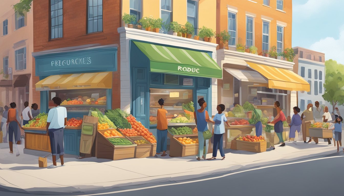 A bustling street corner with a colorful, decorated refrigerator filled with fresh produce and packaged goods, surrounded by a diverse group of people accessing and restocking the community fridge