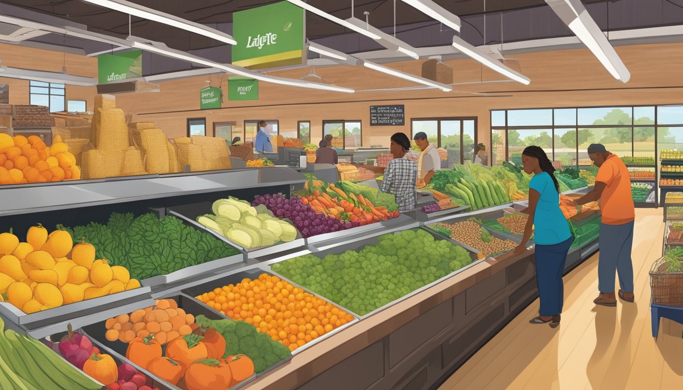 Customers browsing fresh produce and bulk goods at the Lafayette, LA local food co-op. The colorful display of fruits, vegetables, and grains creates a vibrant and inviting atmosphere