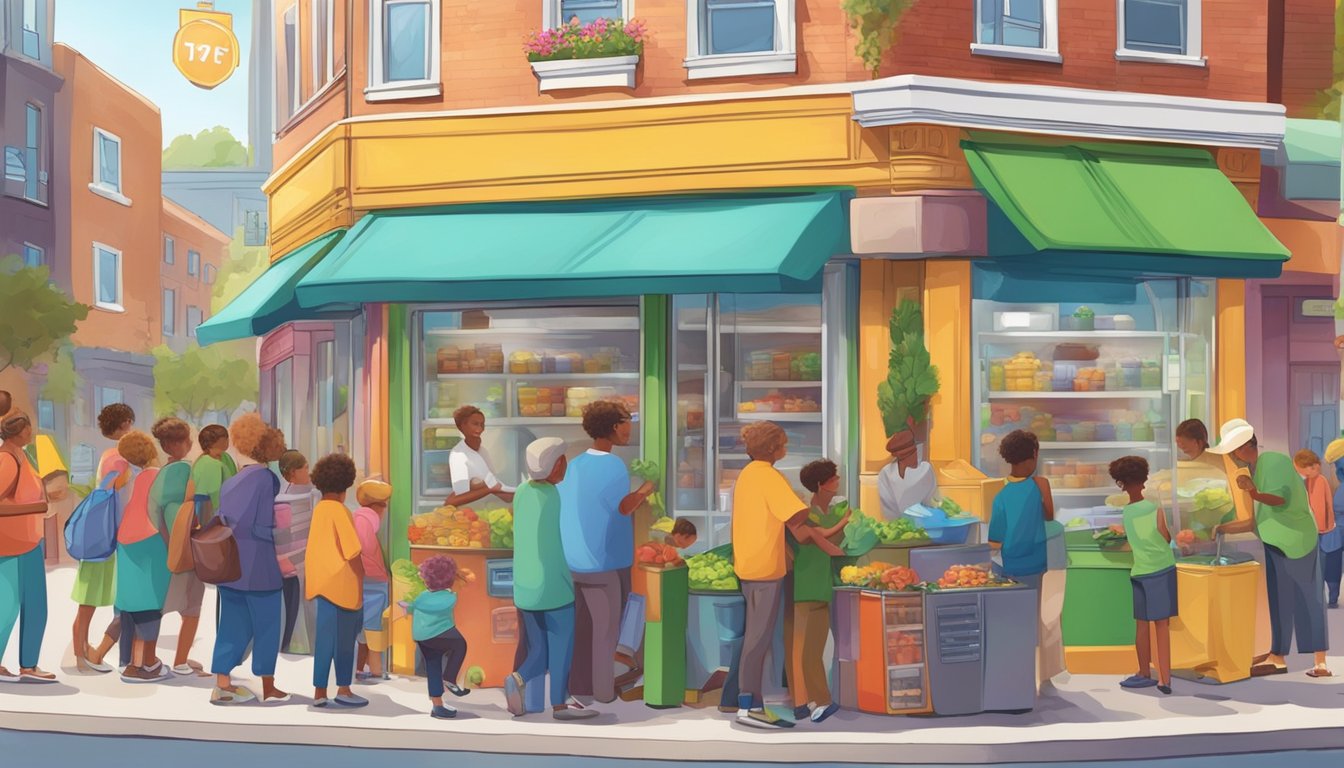 A bustling street corner with a colorful community fridge surrounded by people of all ages and backgrounds, exchanging food and smiles