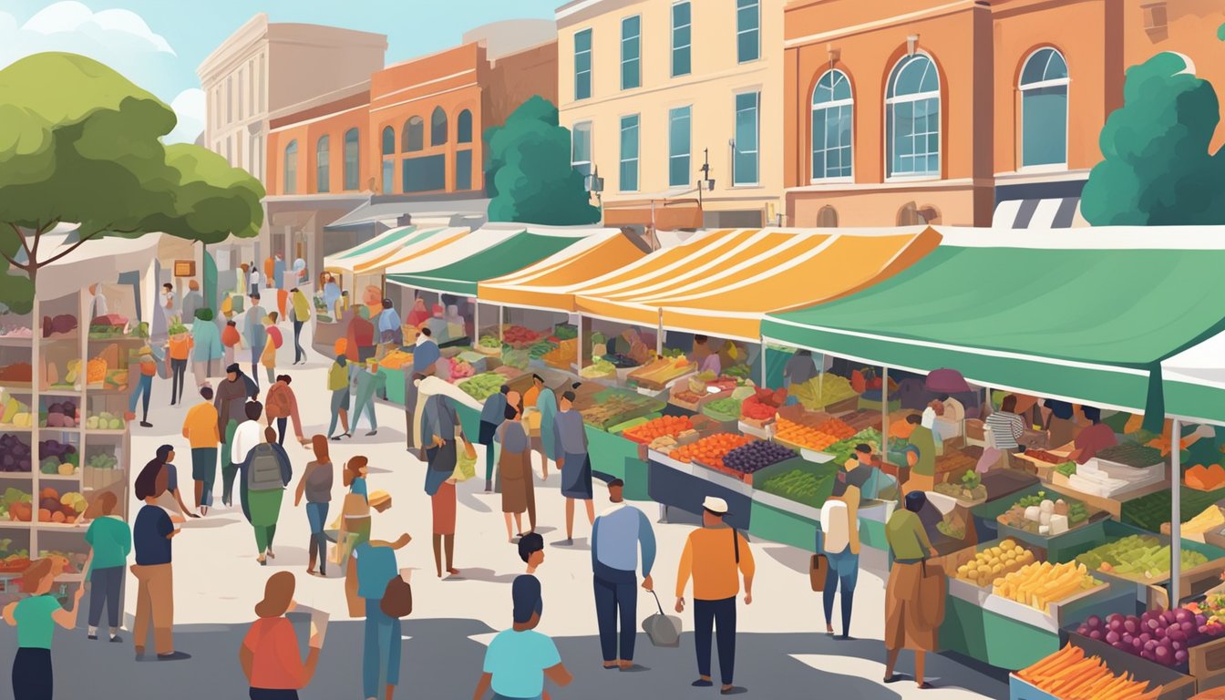 A bustling farmers' market with colorful stalls and fresh produce, surrounded by enthusiastic shoppers and local food vendors