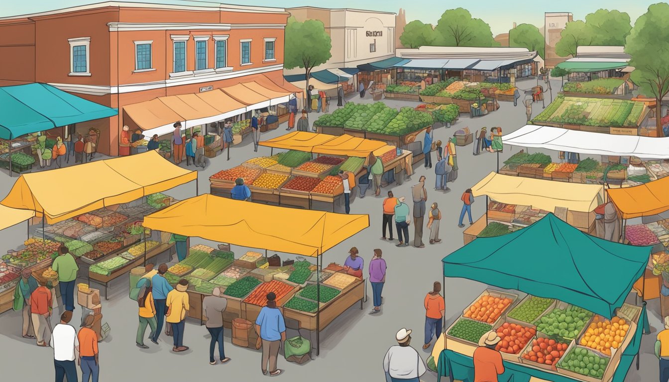 A bustling farmers' market with colorful produce stalls, local vendors, and eager customers in Lafayette, LA