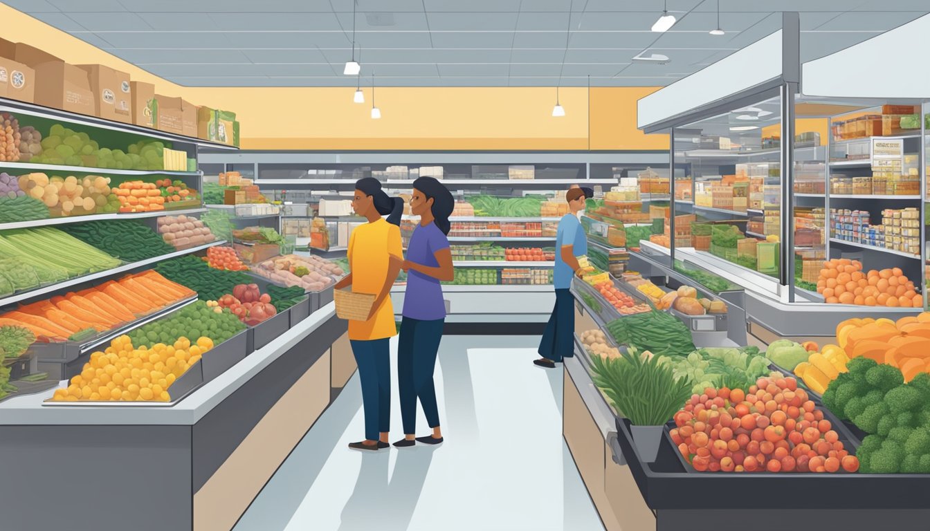 A bustling co-op grocer in Clovis, CA, with shelves stocked full of local produce, a vibrant deli counter, and friendly staff assisting customers