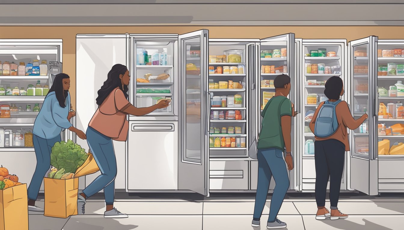 A person placing food in a stocked community fridge in Tuscaloosa, AL. Other individuals are seen taking items from the fridge