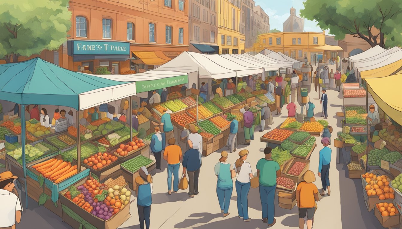 A bustling farmers' market with colorful produce stalls and signs advertising organic and fair trade options. Busy shoppers browse the selection