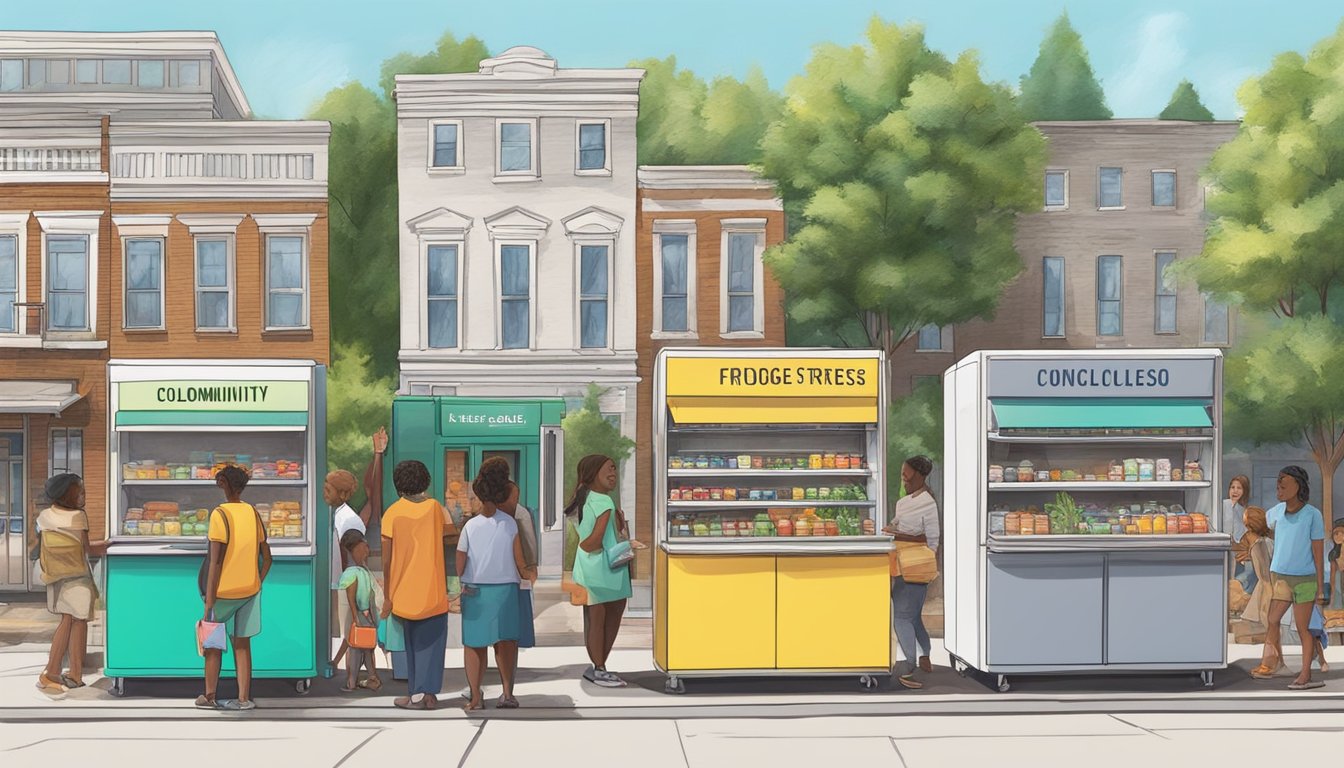 A colorful local community fridge in Tuscaloosa, AL, with people donating and taking food, surrounded by a diverse group of buildings and trees