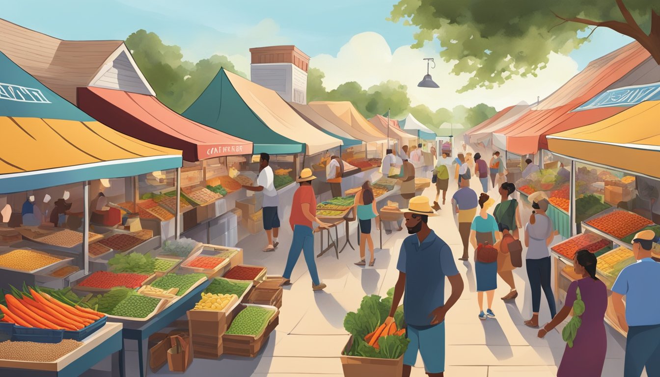 A bustling farmers market with colorful stalls selling fresh produce and local delicacies in Lafayette, LA. The aroma of Cajun spices fills the air