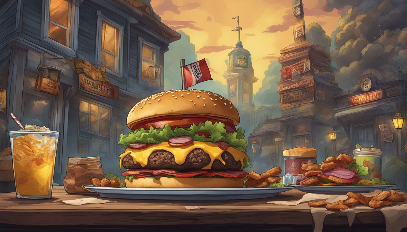 A towering burger with three beef patties, bacon, and cheese, surrounded by zombie-themed decor and a challenging atmosphere