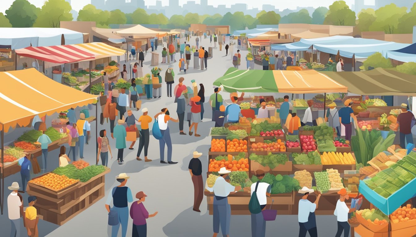 A bustling farmers' market with colorful stalls and a variety of local produce and food products on display. Customers browse and sample the offerings