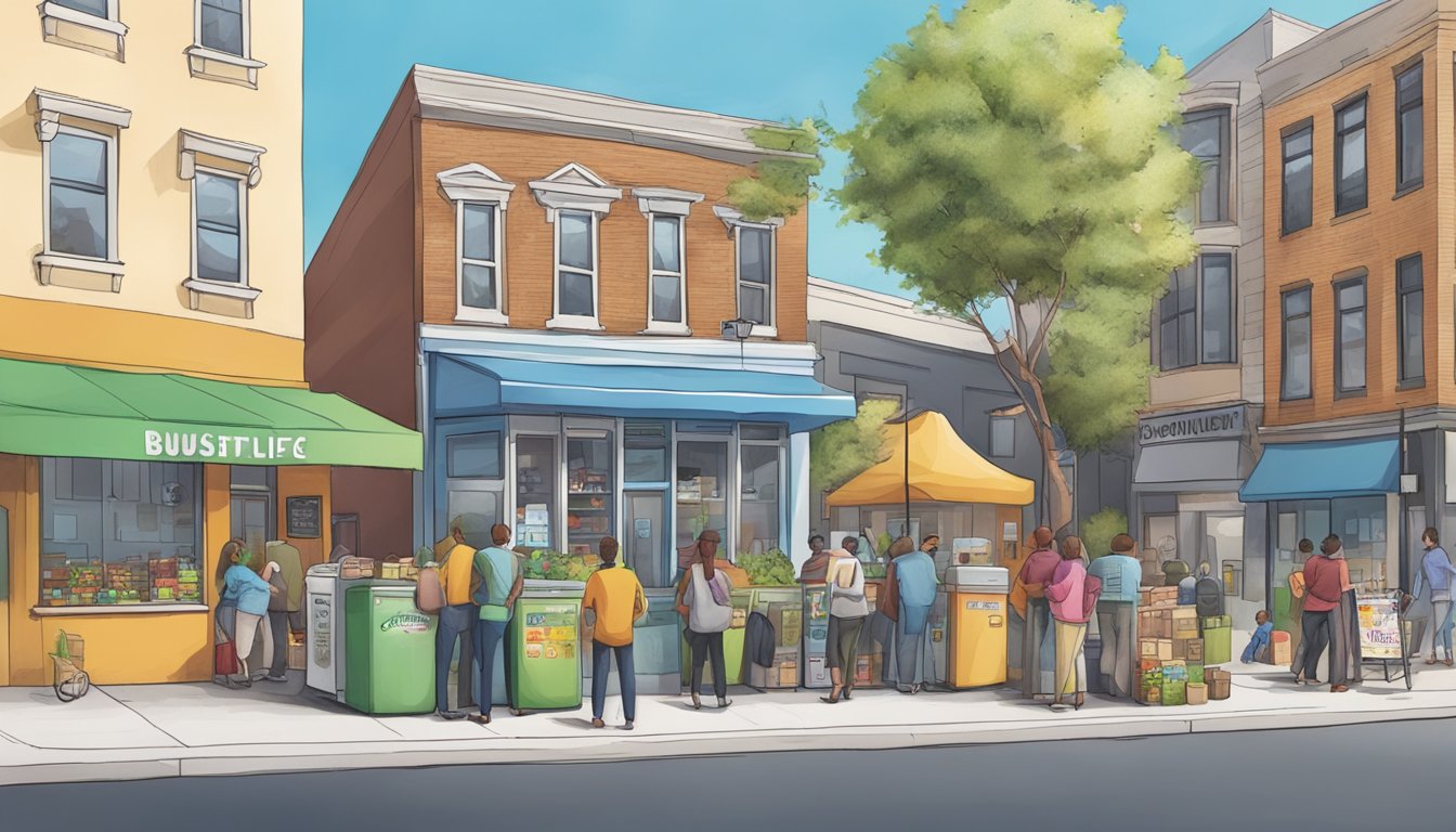 A bustling street corner with a colorful community fridge surrounded by local businesses and residents offering donations and support