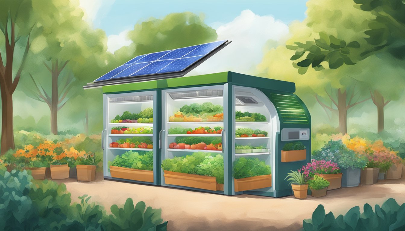 A bustling local community fridge surrounded by vibrant gardens and solar panels, symbolizing sustainability and future goals in Tuscaloosa, AL