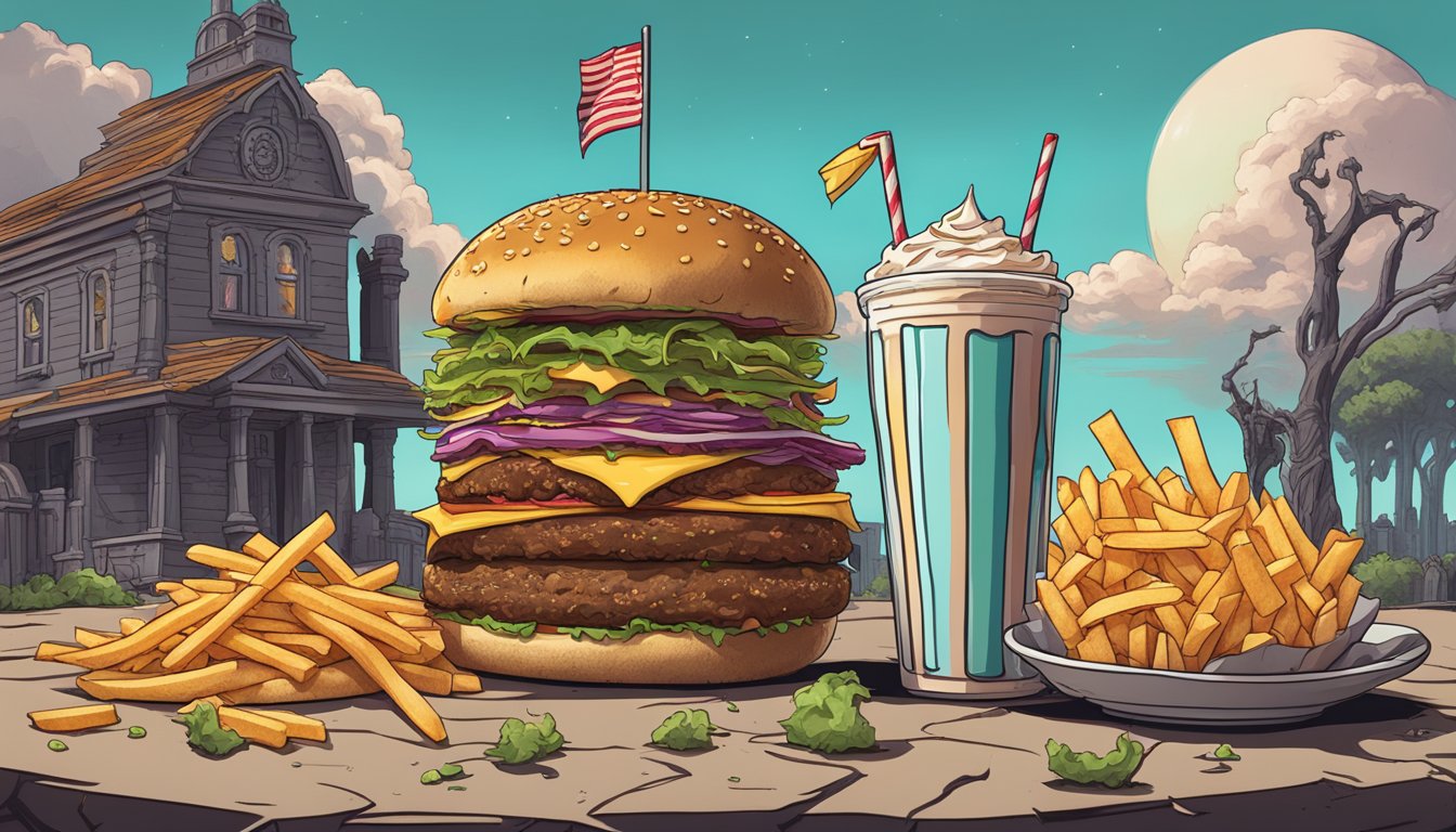 A towering stack of three monstrous Zombie Burgers surrounded by a graveyard of fries and a towering milkshake