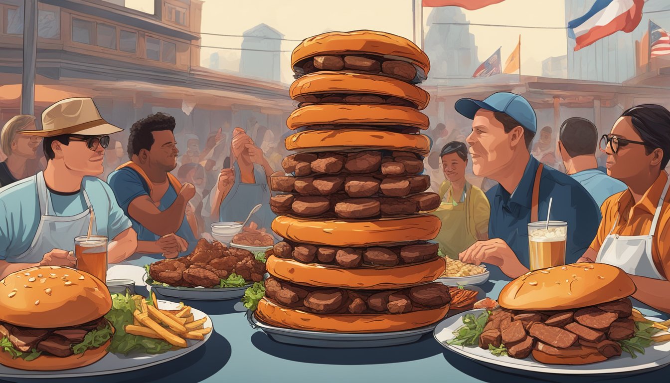 A towering stack of Kansas City barbecue dishes, with smoke wafting and savory meats glistening, surrounded by eager onlookers