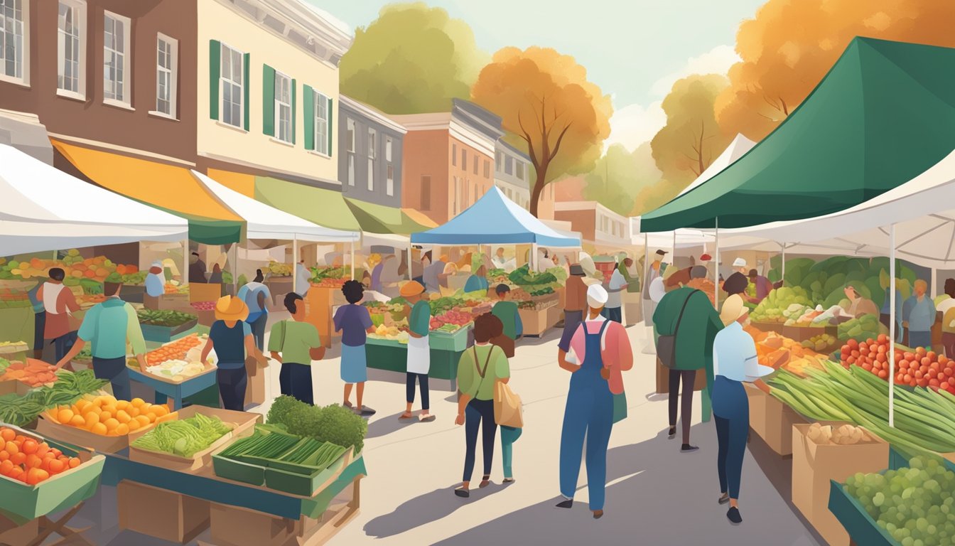 A bustling farmers' market with colorful produce, local vendors, and eco-friendly packaging