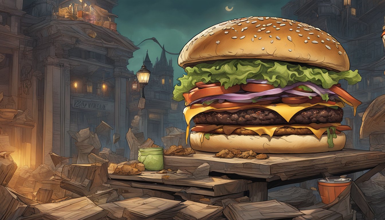 A towering triple burger surrounded by zombie-themed decor and a daunting challenge atmosphere