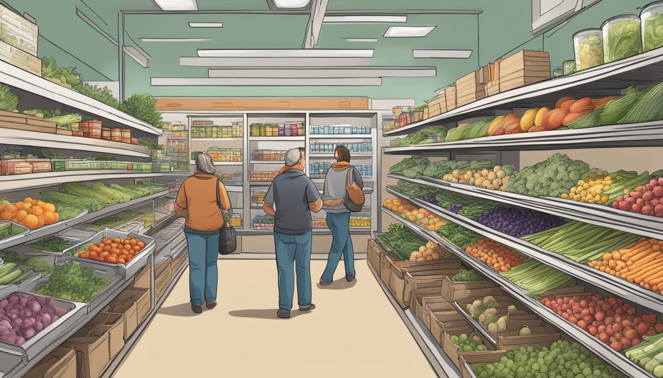 A bustling local food coop in Clovis, CA, with shelves stocked full of fresh produce, canned goods, and other essentials. Customers browse and chat with friendly staff