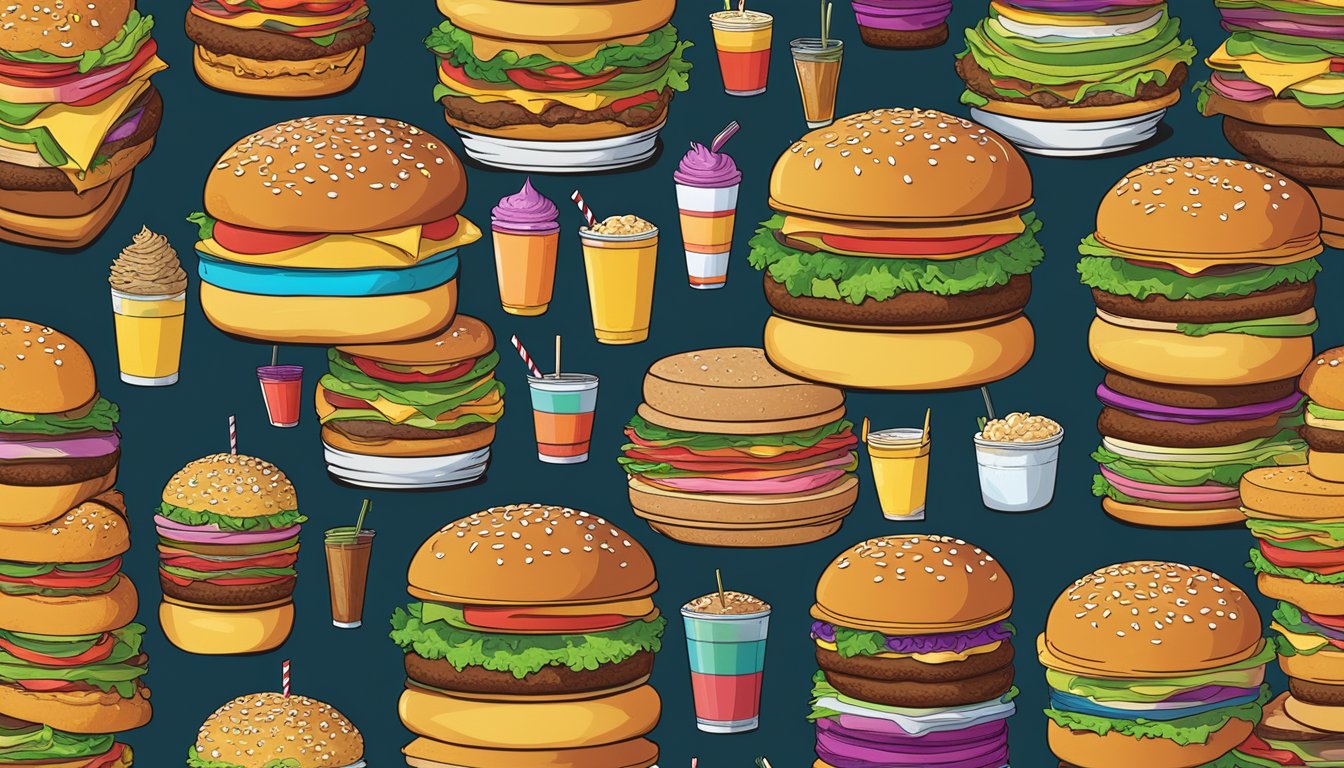 A towering stack of oversized burgers surrounded by a variety of colorful and extravagant beverage options