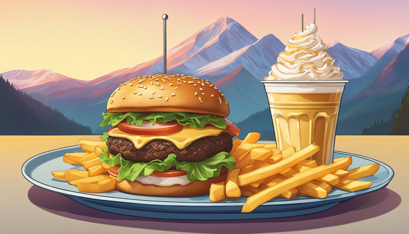 A towering, overloaded burger sits on a glistening plate, surrounded by a mountain of golden fries and a frothy milkshake