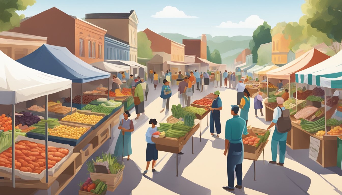 A bustling farmer's market with colorful stalls selling fresh produce, local meats, and homemade goods. Customers chat with vendors and sample food while a chef gives a cooking demonstration