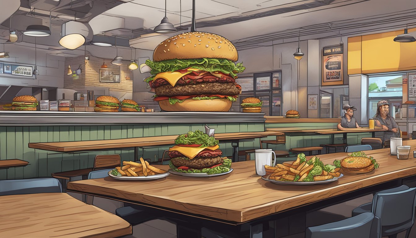 A bustling Iowa Zombie Burger restaurant with a towering Triple Coronary Bypass Challenge burger on a table