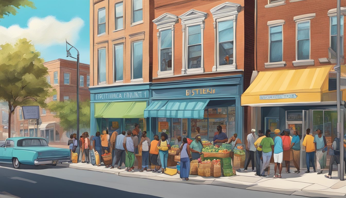 A bustling street corner in Birmingham, Alabama, with a colorful community fridge surrounded by people exchanging food and goods