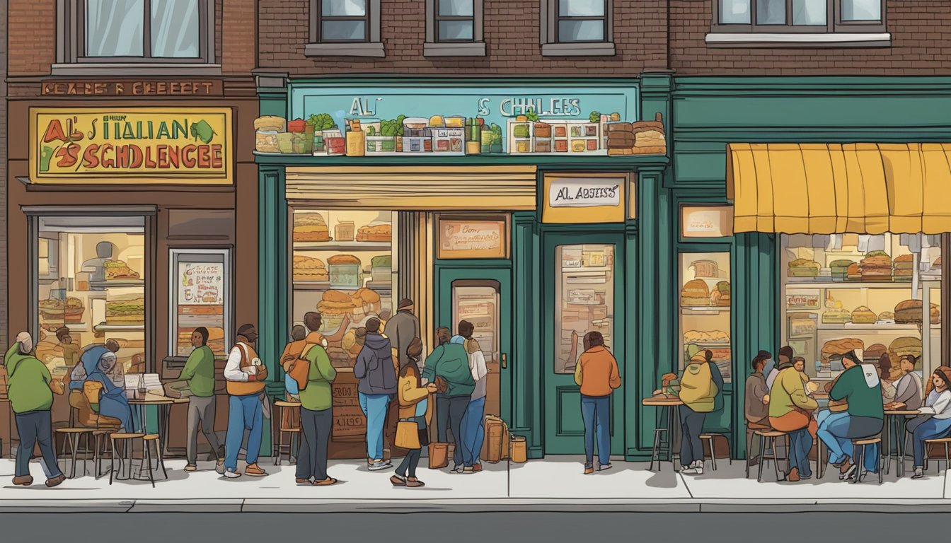 A bustling Chicago street corner with a sign advertising "Al's Italian Beef Sandwich Challenge" and a line of eager customers outside a small deli