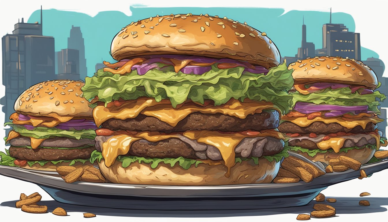 A towering stack of three zombie burgers, overflowing with greasy toppings, sits menacingly on a plate, daring any brave soul to attempt the triple coronary bypass challenge