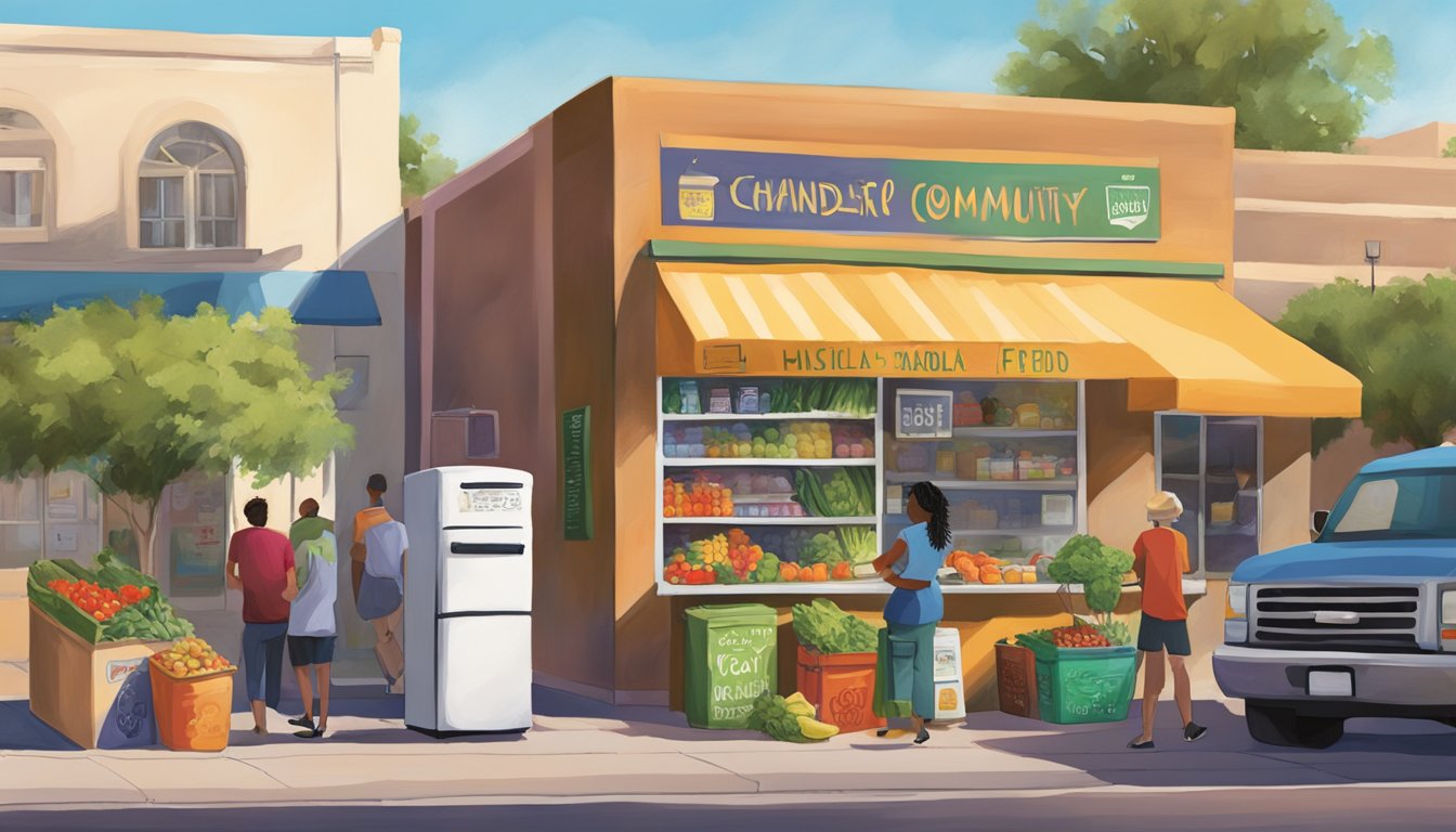 A bustling street corner in Chandler, Arizona, with a brightly painted community fridge adorned with local artwork and filled with fresh produce and packaged goods