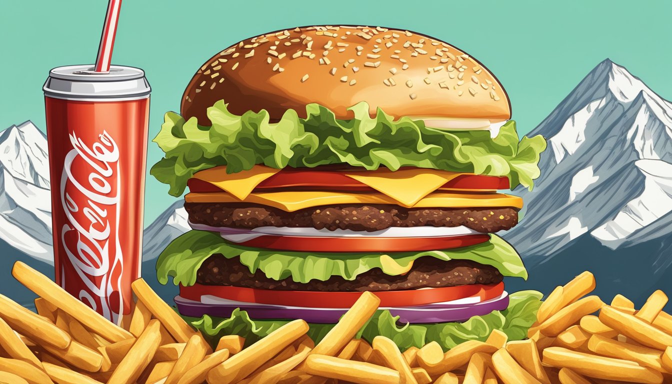 A towering stack of burger patties, cheese, lettuce, and tomato, surrounded by a mountain of fries and a large soda