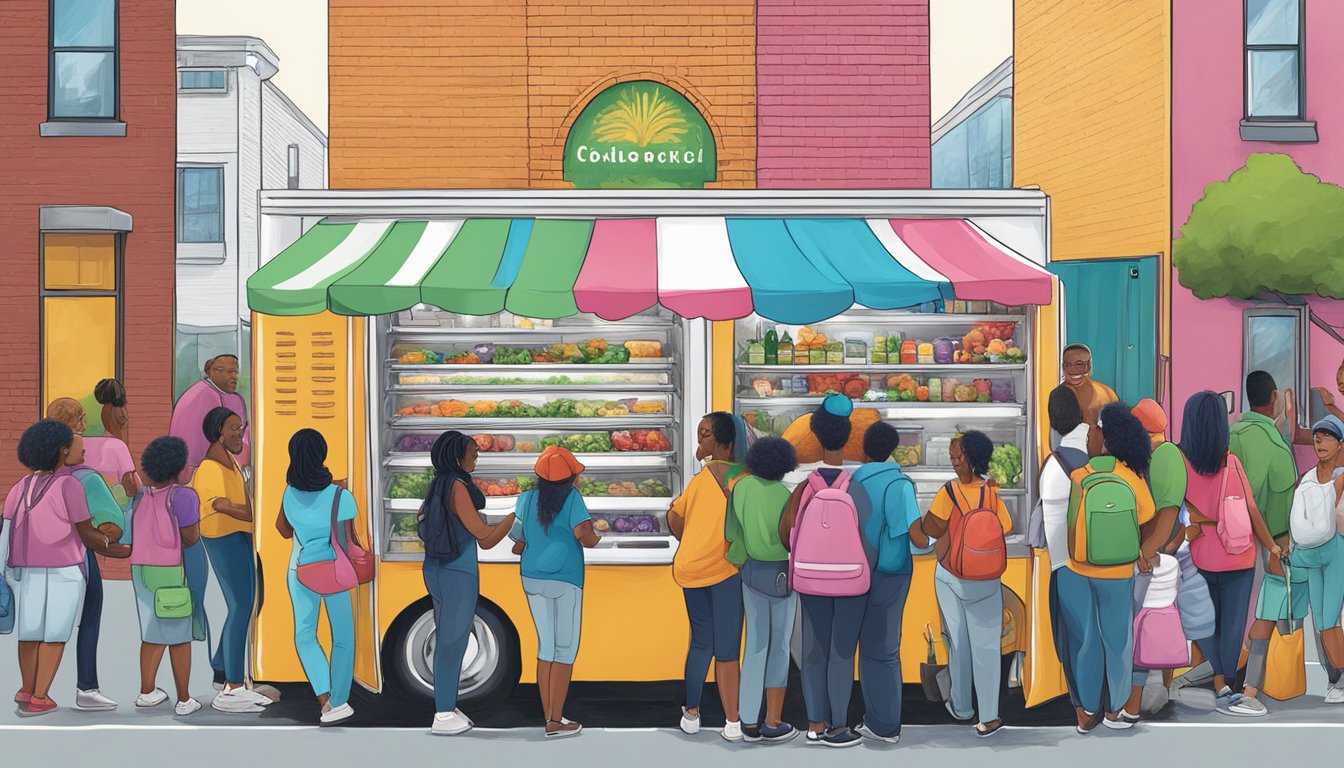 A diverse group of people contribute food to a brightly painted community fridge in Birmingham, AL, surrounded by a bustling urban neighborhood