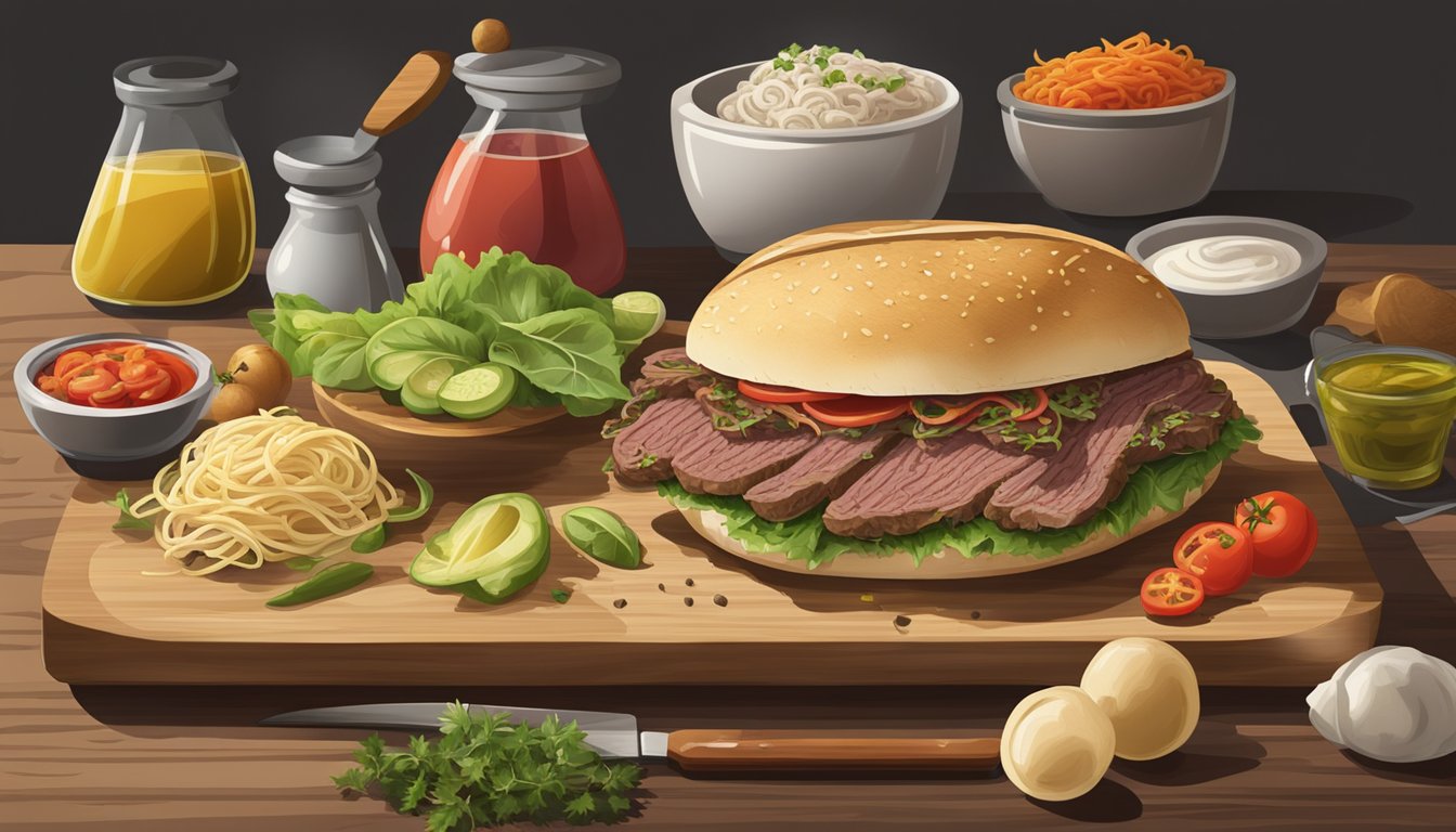 A steaming Italian beef sandwich surrounded by essential ingredients on a cutting board