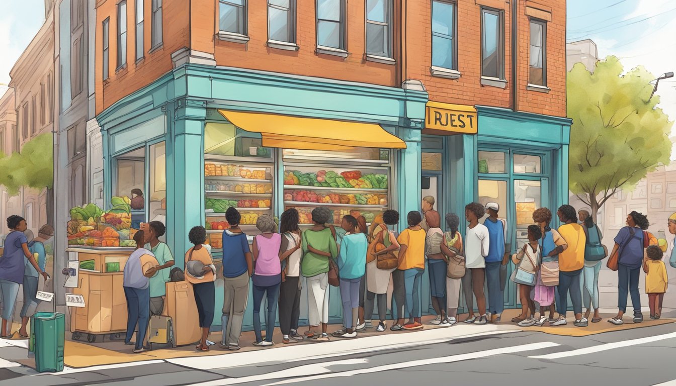 A bustling street corner with a colorful community fridge surrounded by diverse individuals donating and taking food