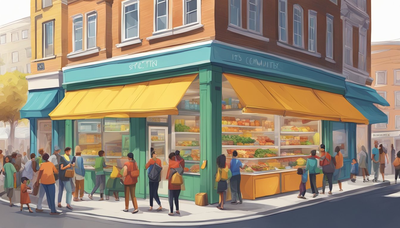 A bustling street corner with a colorful community fridge surrounded by people exchanging food and goods