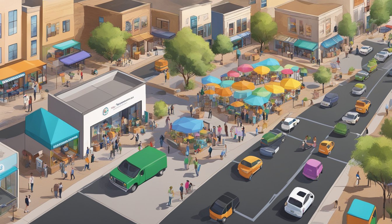 A bustling local community in Chandler, AZ with a colorful array of community fridges, surrounded by people coming and going