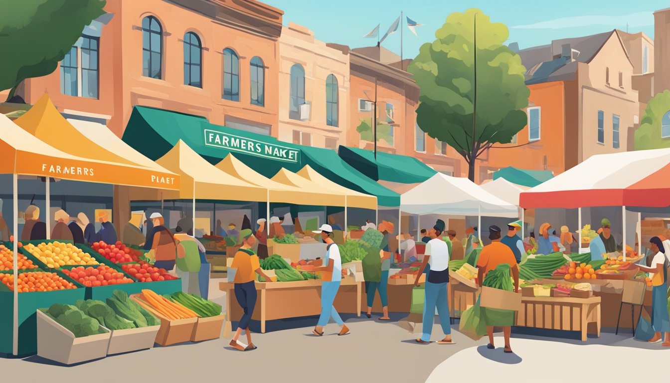 A bustling farmers' market with colorful displays of fresh produce, surrounded by a diverse group of people exchanging goods and conversation