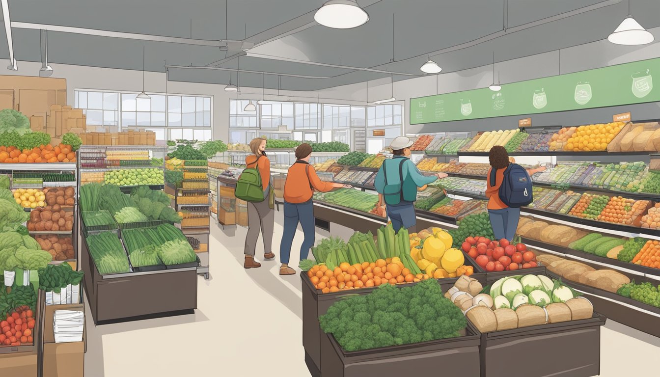 A bustling food co-op with fresh produce, bulk bins, and locally-sourced products. Shoppers browse the aisles, chatting with staff and selecting items