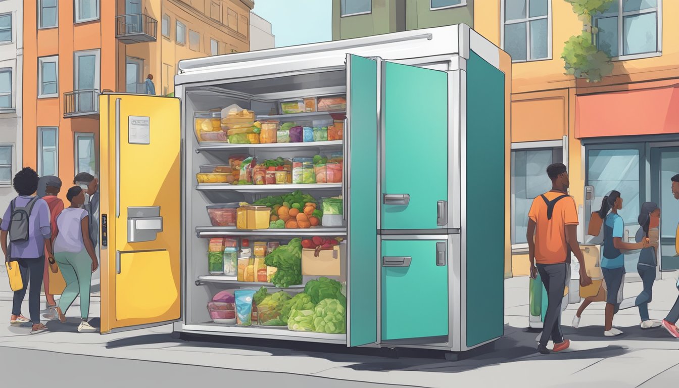 A brightly colored community fridge surrounded by diverse buildings, with people coming and going to donate and take food