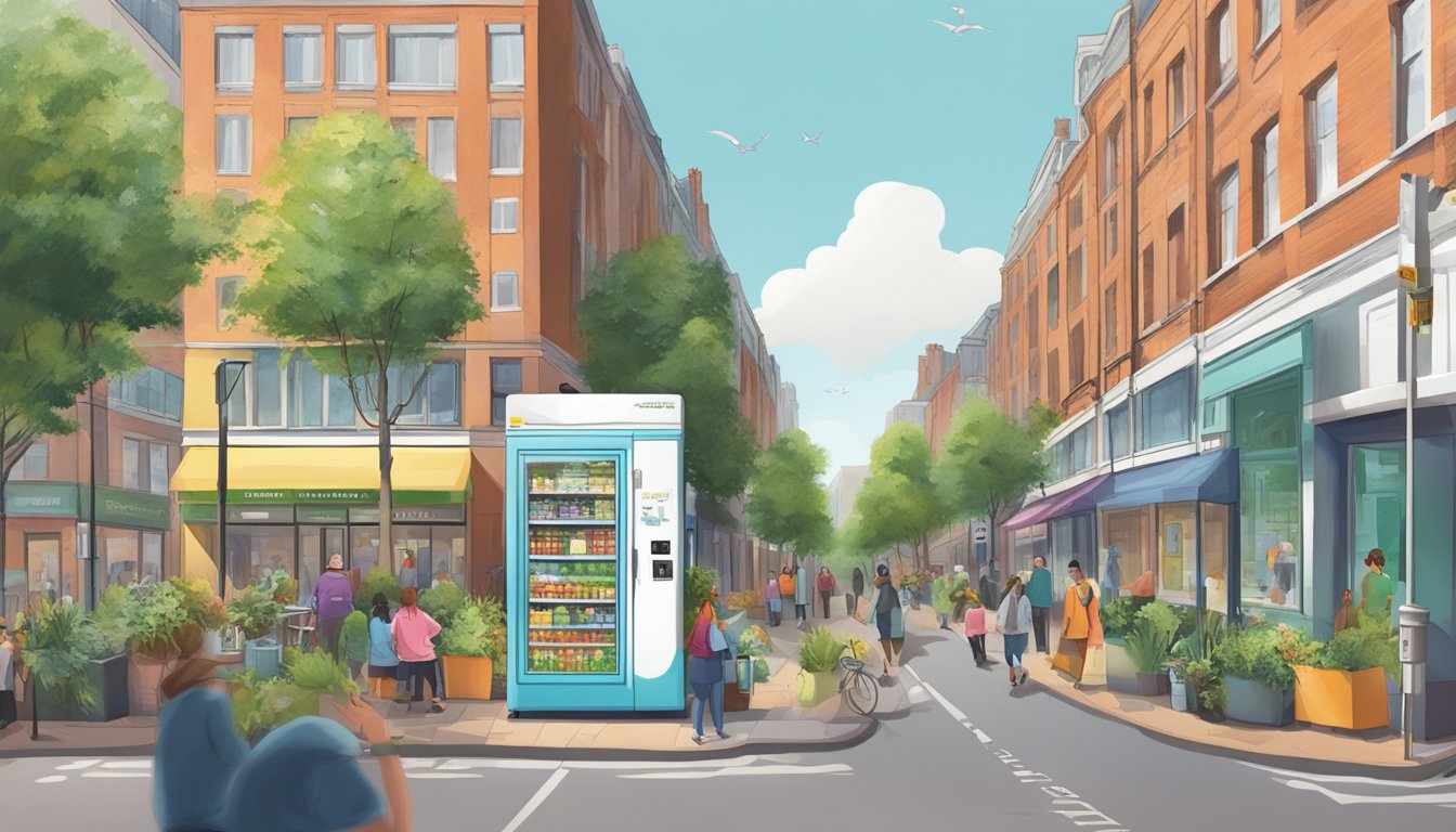 A bustling Birmingham street with a vibrant community fridge serving as a focal point, surrounded by diverse buildings and greenery